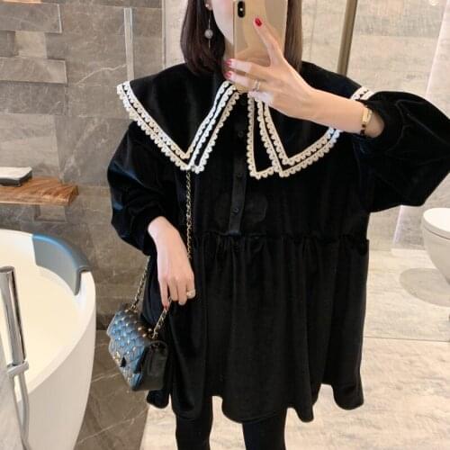 Women Vintage Stylish Casual Japanese Wear lace Appliques Velvet Mini Dress Fashion Lapel Collar Long Sleeve Female Dresses Muj