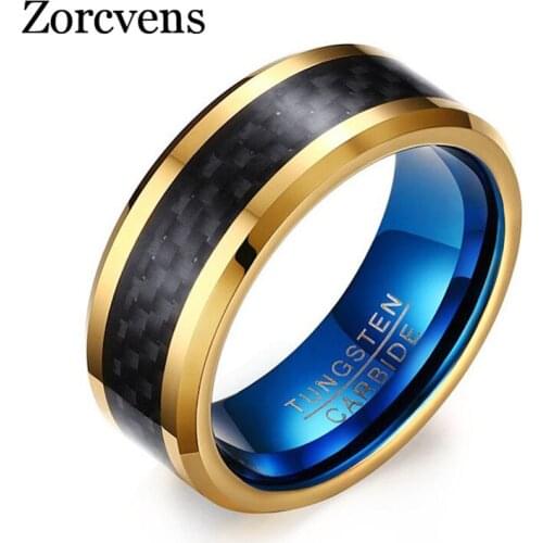 Modyle Gold-Color Blue Tungsten Carbide Rings for Men Blue Mens jewelry Wedding Band