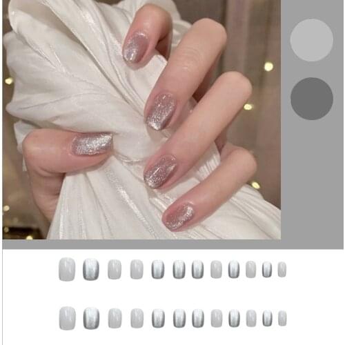 24pc Silver French Wear Short Paragraph Fashion Manicure Patch False Nail Full Cover Wearable Fake Nail Glossy Ballerina Art NN