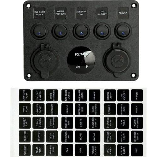 5 Gang Switch Panel 12V/24V Digital Voltmeter Rocker Switch Dual USB for RV Boat