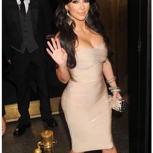 Sexy Strapless Bandage Dress For Women Beige Sleeveless Slim Party Knee-Length Dresses Clubwear Wholesale Summer