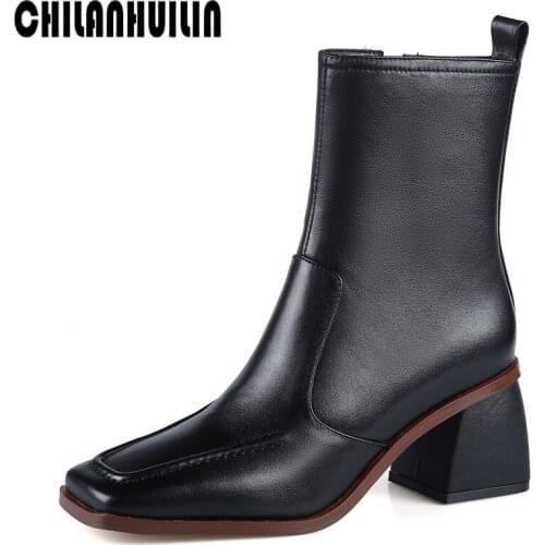 Black beige short boots womens thick high heels autumn winter single boots soft leather pointed toe nude zipper martin boots