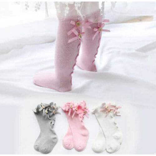 Baby girl bow wood ear baby socks knee high toddler cotton tube girls lace kids socks girl legs warms autum the sock