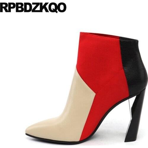 Designer shoes women luxury 2019 pointed toe patchwork high heel autumn block chunky boots booties suede british genuine leather