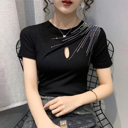 T Shirt Cutout Diamonds T-Shirt Women Clothes Short Sleeve Summer 2020 Womens Tops Cotton Korean Fashion Tshirt Vetement Femme