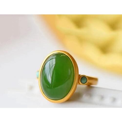 Hetian Jade Green Jade Ring Classic Oval Ring S925 Sterling Silver Turquoise Ring Ornament for Women