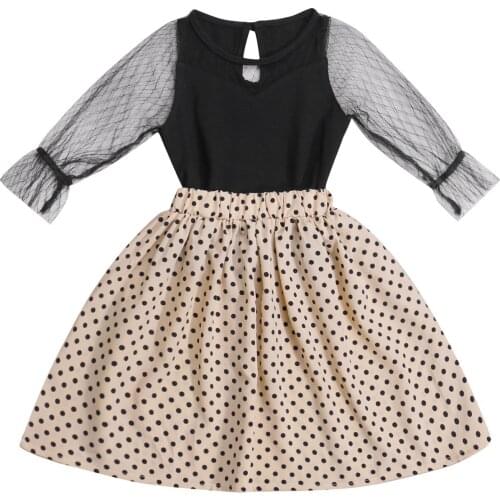 2Pcs Kids Baby Girls Clothes Sets Mesh Puff Long Sleeve Shirts Tops + Polka Dot A-line Skirt Summer Autumn Girls Outfit 1-6Years