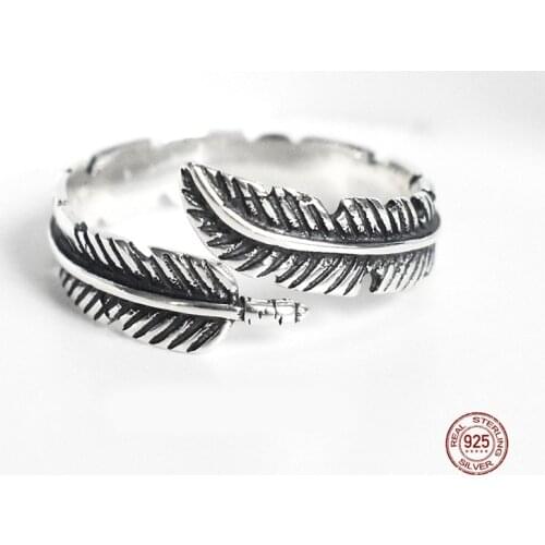 LKO Fashion Vintage Feather Design Open Ring 925 Sterling Silver Personality Trend Ring For Women Jewelry Ornaments Adjustable