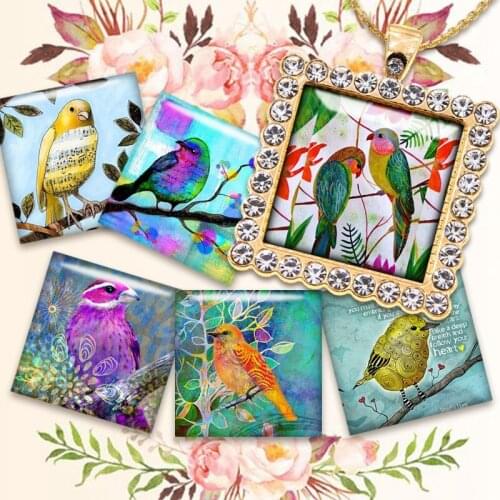 Fashion Jewelry 10pcs Glass Cabochon Mixed Square Bird Photo Cameo Cabochon Setting Supplies for Jewelry Accessories