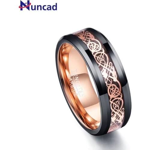 Nuncad 8MM Mens Rings Size 7-12 Rose Gold Dragon Pattern Tungsten Steel Ring Black Color Ring Jewelry
