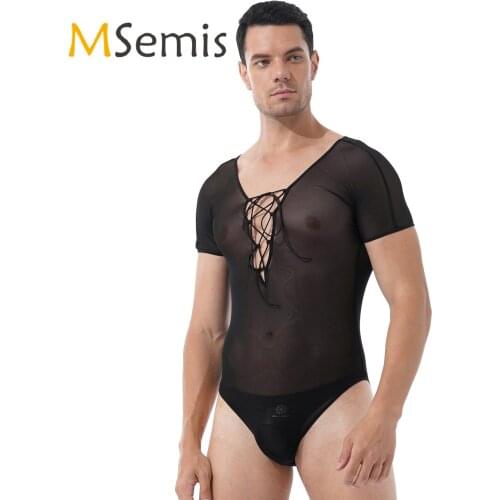 Mens Lingerie See-through Mesh Bodysuit Crisscross Deep V Neck Lace-up Pajamas Front Sheer Leotard Sexy Romper Nightwear