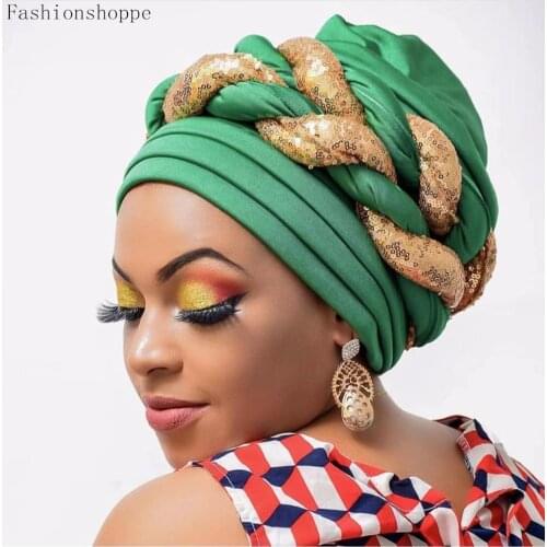 Latest Shinning Sequins Turban Cap for Women Ready Female Head Wraps African Auto Geles Aso Oke Headtie Already Made Headties