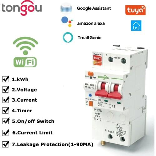 TUYA 2P Single Phase WIFI Smart Energy Meter Kwh Metering Monitoring Circuit Breaker Timer Relay with Leakage Protection 63A