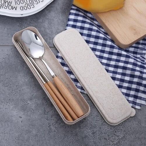 Portable 2 Pcs/set Chopsticks Spoon Set Japanese Korean Dinnerware Stainless Steel Wooden Cutlery Set Tableware