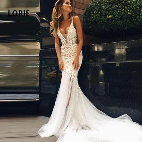 LORIE Mermaid Wedding Dresses Lace 2020 Spaghetti Strap Soft Tulle Backless Bridal Gowns Sleeveless Bride dress with Train