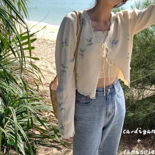Casual Fashion Print Cardigan Womens Daily Knitting Sweater Maiden Sweet Retro Embroidery Simplicity Beach Tops Sun Protection