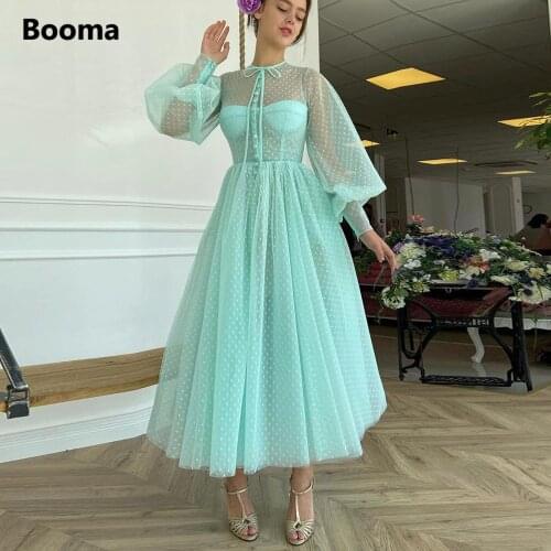 Booma Aqua Dotted Tulle Prom Dresses O-Neck Long Puff Sleeves Illusion A-Line Party Dresses Buttoned Top Tea-Length Prom Gowns