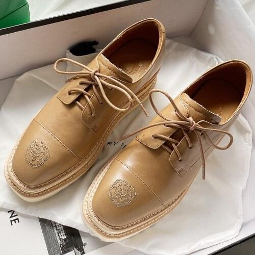 Womens genuine leather wedge platform Embroidery flowers square toe lace-up flats oxfords leisure soft comfortable casual shoes