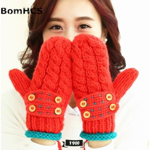 Lady Winter Warm Thick Mittens Handmade Knitted Gloves with Button