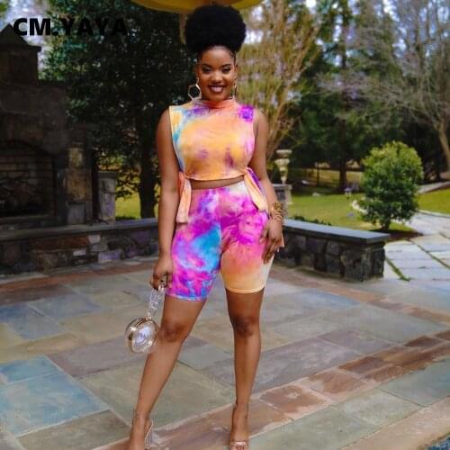CM.YAYA Women Set Print Sleeveless Bandage Crop Tops High Waist Skinny Elastic Shorts 2 Piece Set Female Casual Outfits Summer