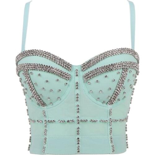 Rehinstone Crop Tops Women Sexy Outwear Night Club Corset Top Bustier Spaghetti Strap Gothic Gorset Korsett Wire Cup Corselet