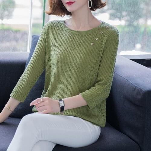 Korean Three Quarter sleeve O-Neck knitted top Women Solid color plus size 4XL Slim knitwear 2021 Spring Hollow out Sweater