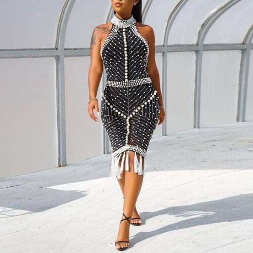 Women Fashion Sexy Sleeveless Pearl Printed Turtleneck Tassels Slim Backless Princess Bodycon Evening Party Dress Vestidos#g3