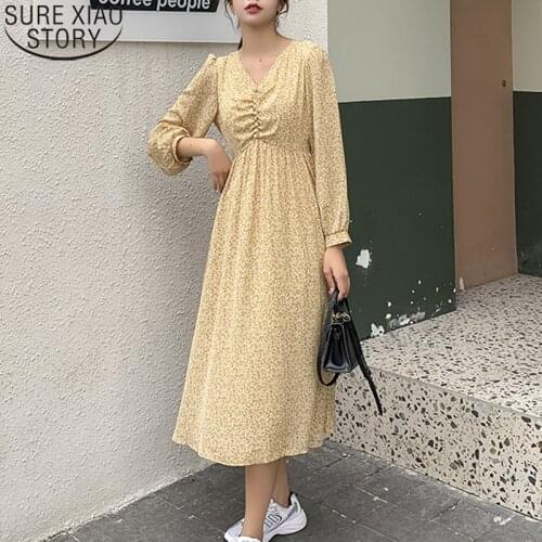 Yellow Dresses Women Korean New Floral Chiffon Dress Temperament V-neck High Waist A-line Casual Dress Vestido Feminino 12749