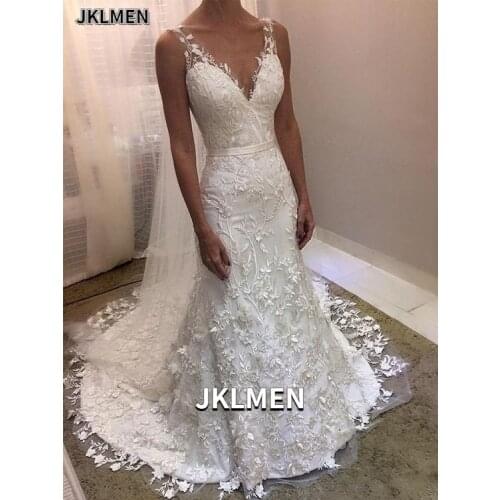 2021 New Elegant Appliques Lace Wedding Dress Mermaid V-neck Zipper Back V-neck Cheap Wedding Gown Vestido De Novia