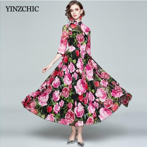 Womans Spring New Long Dress Roses Printed Female Elgant Party Skrits Stand Collar Maxi Floral A-line Evening Dresses for Lady