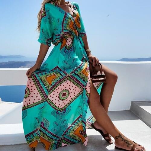 Puloru Vintage Geometric Print Women’s Maxi Beach Dress Casual Half Sleeve V-neck Tie-up High Waist Long Dress Party Vacation