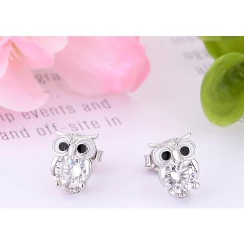 100% 925 Silver Owl Black Shining Zirconia Stud Earrings For Women Girl Baby Pendientes Accessories Anti-allergy Fashion 2021