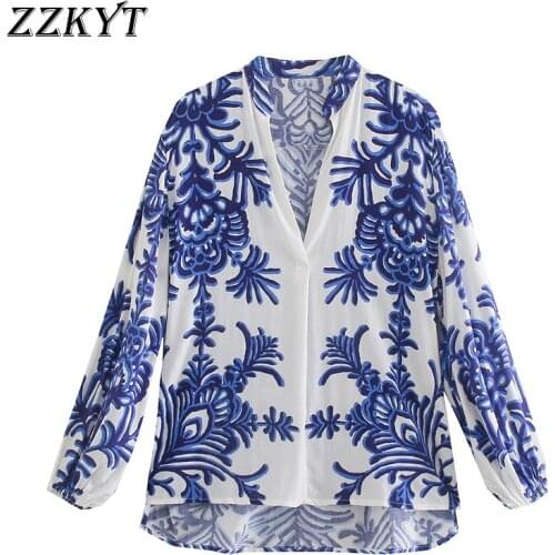 ZZKYT 2021 Women Autumn Vintage Floral Print Single Button Blouses Fashion V-Neck Long Sleeve Female Shirts Casual Chic Tops