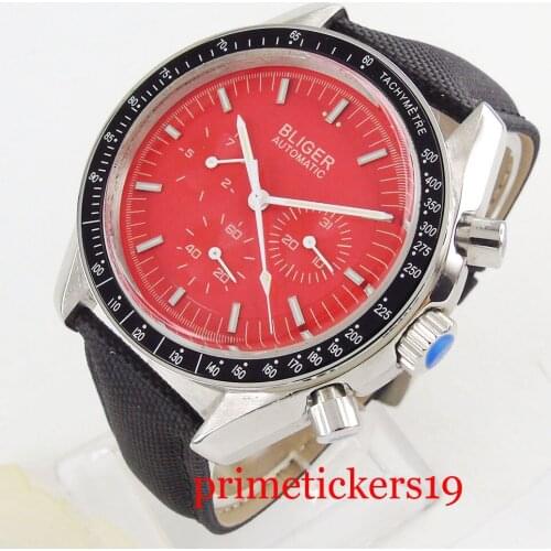 Dress 40mm BLIGER red dial date&week indicator arched glass polished case automatic mens watch movement