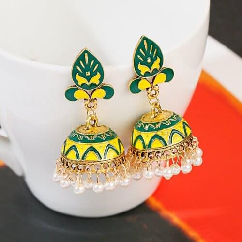 Ethnic Green Jhumka Jhumki Earrings Women Vintage Gold Tassel Indian Jewelry Ladies Dangle Earrings Oorbellen