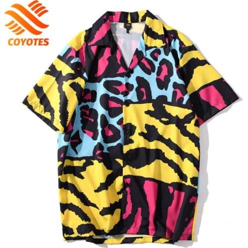 COYOTES Leopard Casual Shirts Men Summer Mens Short Sleeve Shirt Women Hawaii Beach Blouse Hip Hop Harajuku Streetwear