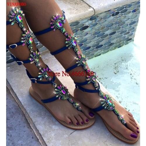 Hot Women Sandals 2019 Flip Flop Knee High Flat Gladiator Sandals Women Fashion Crystal Rhinestone Backle Strap Wedding Sandals