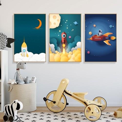 Outer Space Astronaut Cartoon Picture Poster Canvas Painting Kids Room Prints and Decoration Mural for Modern Home Decor Cuadros