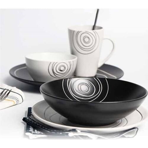 Ceramic Dinnerware Set Tea Mug Rice Bowl Plate Cutlery Basso-relievo Flat Plate Food Container Brief Black White Dinner Set 1pcs