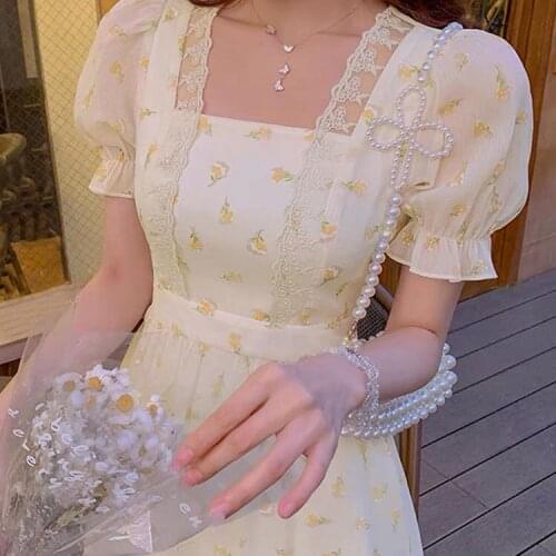 Korean Fashion Flower Mini Dresses Women Puffer Sleeve Elegant Party Dress Female 2021 Summer Lace Up Sweet Casual Dress Y2k