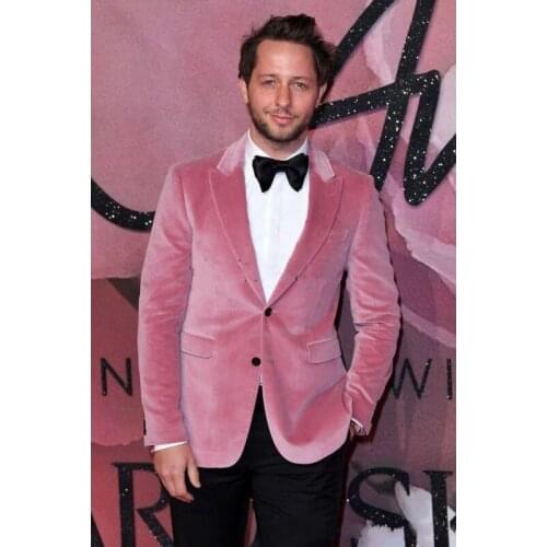 2020 Fashion Design Pink Velvet Smoking Blazer Men Suits Wedding Groom Tuxedos Slim Fit Groomsmen Prom Men Wedding Suits Tuxedo