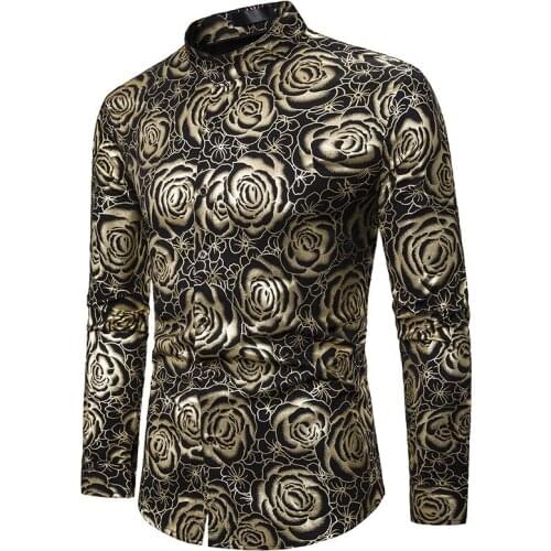 Gold Rose Floral Print Casual Shirt Men 2020 Brand Mandarin Collar Long Sleeve Mens Dress Shirts Wedding Tuxedo Shirt Camisas