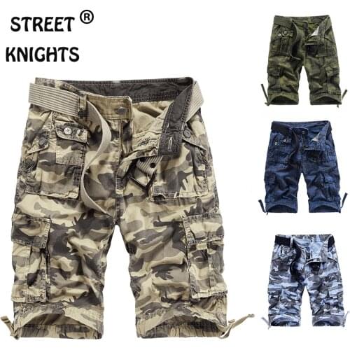 Mens 2021 Summer New Casual Loose Camouflage Cargo Shorts Men Multi-Pocket 100% Cotton Street Military Knee-Length Beach Shorts