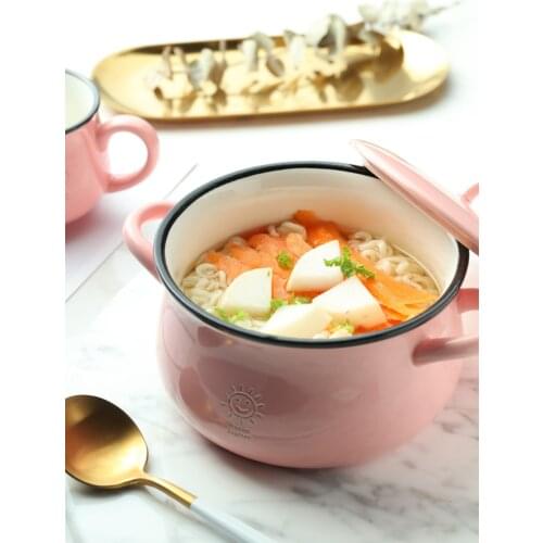 New Japanese enamel soup bowl, double ear instant noodle bowl, ceramic large-capacity net red bowl with lid,milk coffee cup