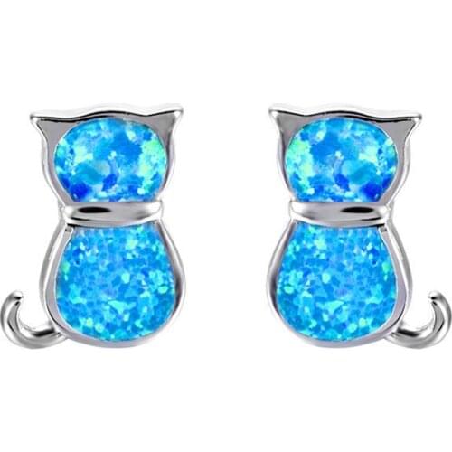 Charm Small Cat Stud Earrings Blue White Opal Animal Earrings For Women Engagement Jewelry Vintage Silver Color Wedding Earrings