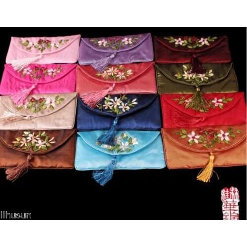 Wholesale10pcs Chinese Handmade Silk Embroidered Ribbon Floral Jewelry bag