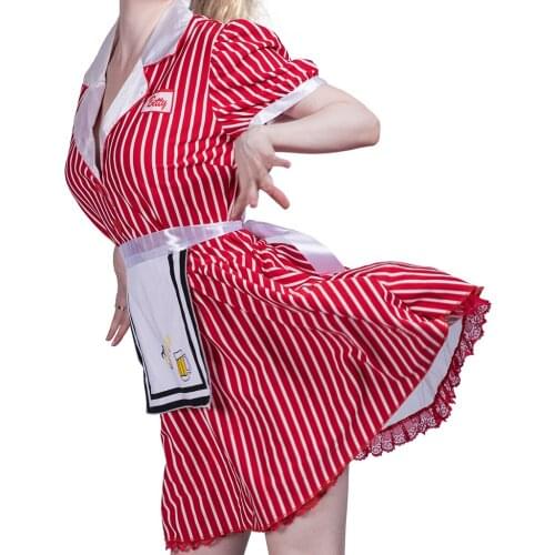 Professional Service Restaurant Maid Overalls Dress Uniform Halloween Red Streak Costume For Women Cosplay Dress