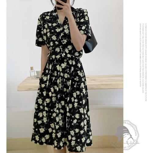 Afternoon Paris Romantic And Elegant French new Printed Lapel mulberry Silk Dress Summer Women Slim long skirt one-piece dress