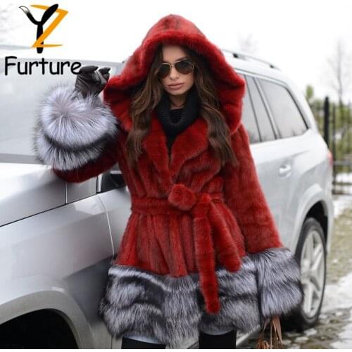 Luxury Real Fur Coat Full Mink Pelt Fur Hooded Jacket Women Winter Natural Silver Fox Fur Cuffs Hem 80cm Long Red Coat Fashion