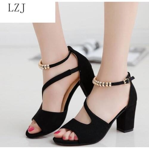 Fashion Sexy Fish Mouth Hollow Roman Sandals Thick with Beaded High Heels Female Summer Sexy Female Sandals Zapatos De Mujer
